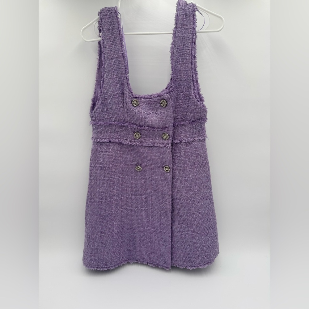 ZARA Lilac Purple Tweed Rhinestone Button Mini Dress Size Medium NWT/EUC - Picture 3 of 9